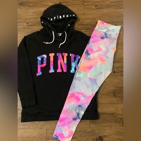 PINK VS WATERCOLOR HOODIE/ WATERCOLOR YOGA LEGGINGS PANTS - Picture 9 of 14